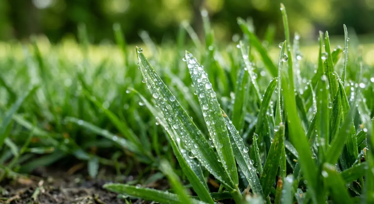 Close up of healthy grass blades at proper 3 inch mowing height with morning dew