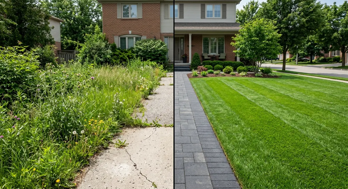 Overgrown neglected lawn compared to professionally mowed lawn — South Fayette PA