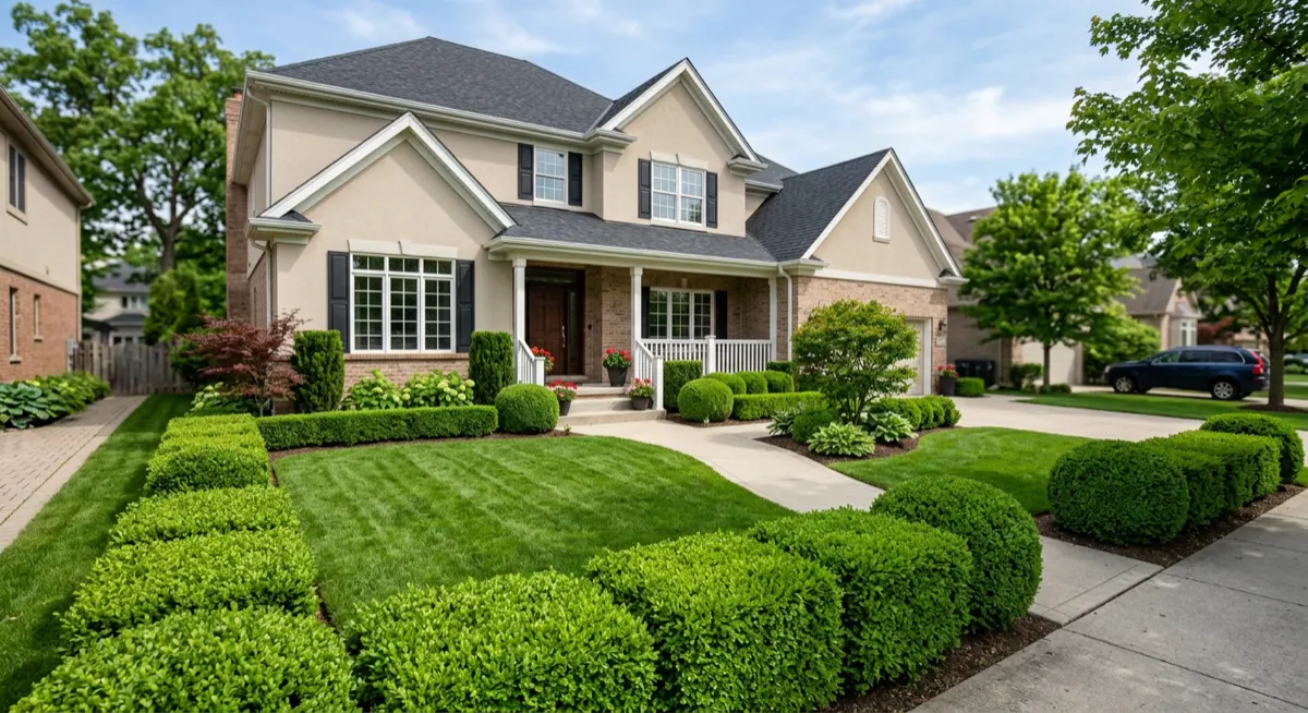 Neatly trimmed hedges and bushes in front of suburban home — bush trimming service South Fayette PA