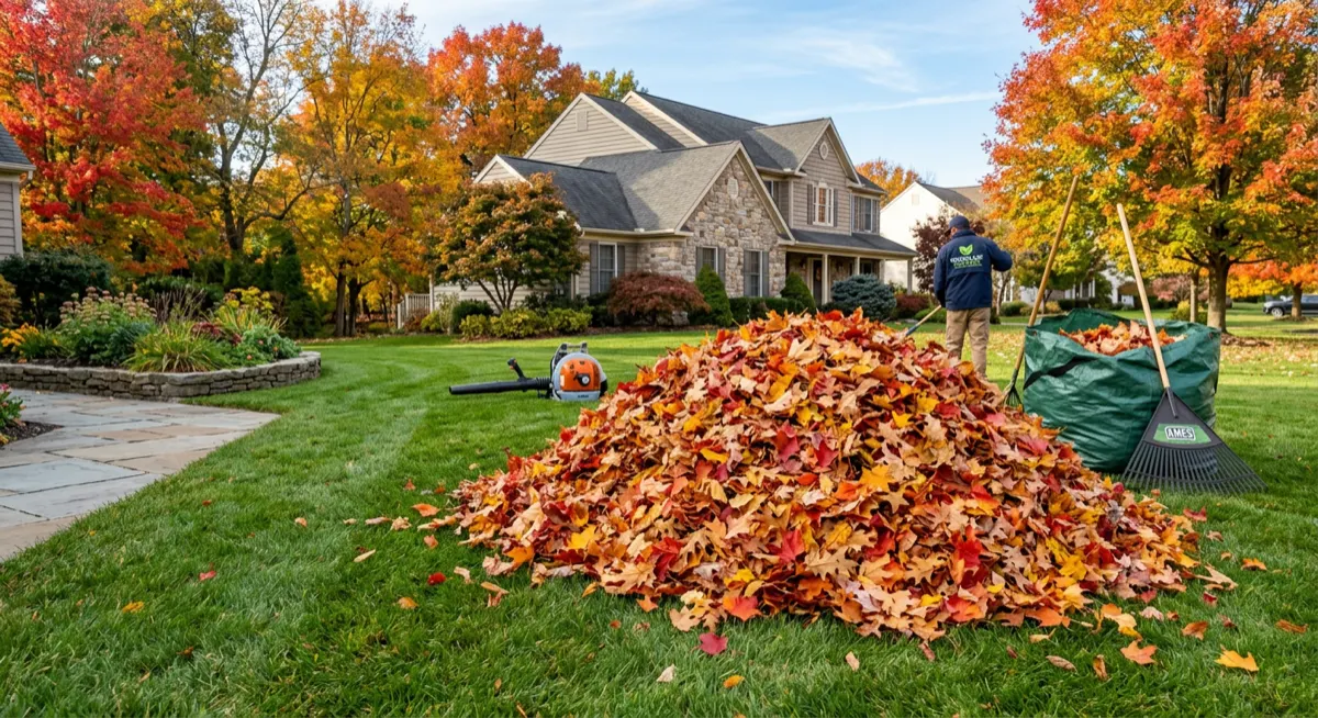 Fall leaves raked on suburban lawn — leaf cleanup service South Fayette PA