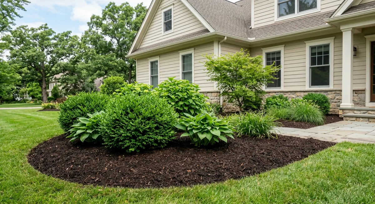 Fresh dark mulch in planting beds next to home — mulching service South Fayette PA