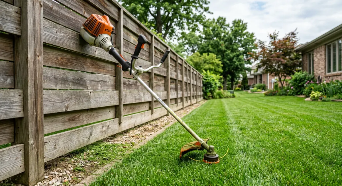 String trimmer in use along fence line — weed trimming service South Fayette PA